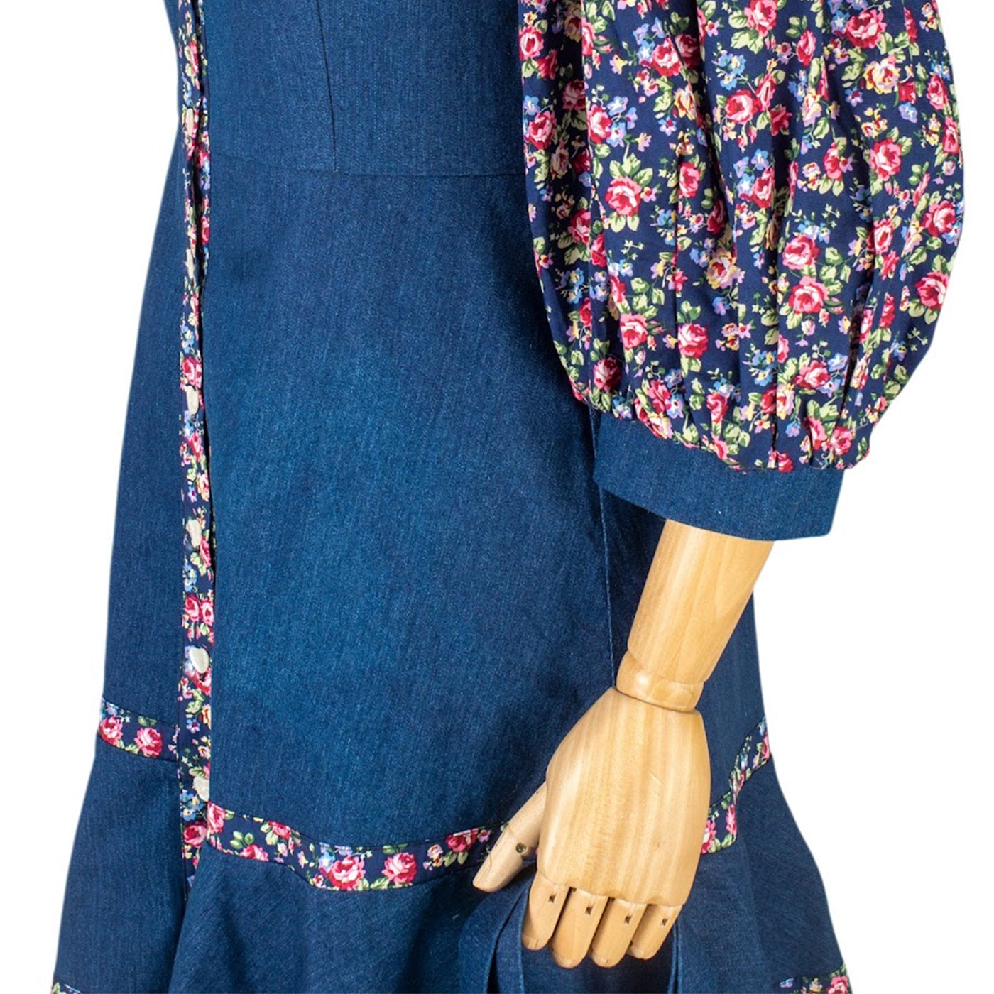Denim Dress with Floral Inserts and Puff Sleeves