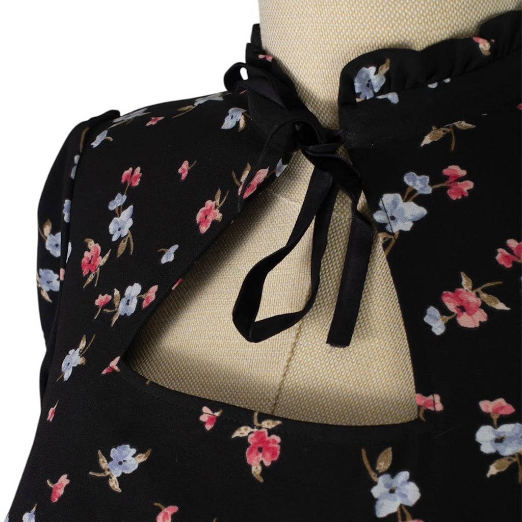 Black Floral Dress with Neck Keyhole and Bow Detail
