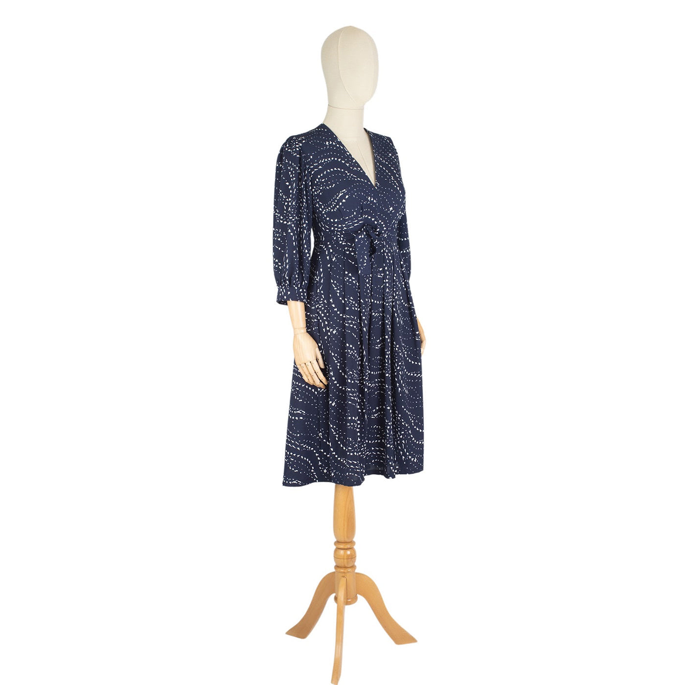 Navy Blue Wrap Dress with Belt and Dot Print