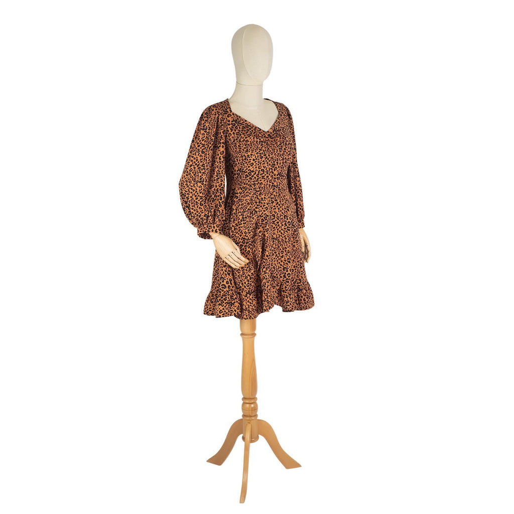 Leopard Print Puff Sleeve V-Neck Mini Dress