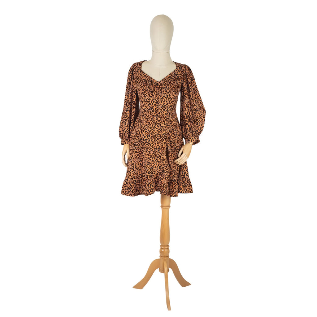 Leopard Print Puff Sleeve V-Neck Mini Dress